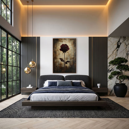 Single Burgundy Rose Moody Botanical wall art in an elegant modern room – single burgundy rose with two dark leaves
