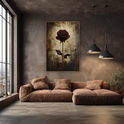 Single Burgundy Rose Moody Botanical wall art in an elegant modern room – single burgundy rose with two dark leaves