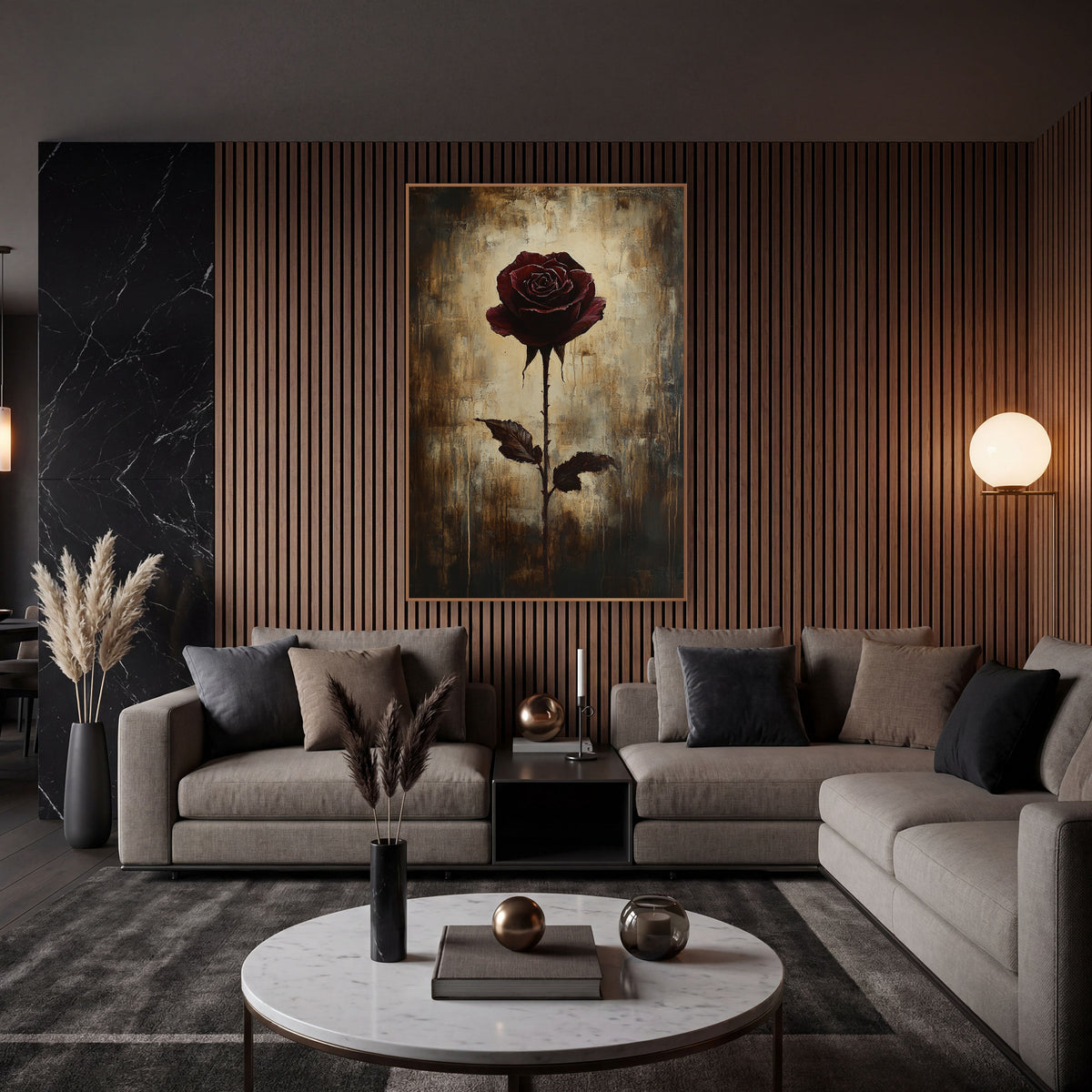 Single Burgundy Rose Moody Botanical wall art in an elegant modern room – single burgundy rose with two dark leaves