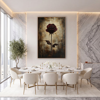 Single Burgundy Rose Moody Botanical wall art in an elegant modern room – single burgundy rose with two dark leaves