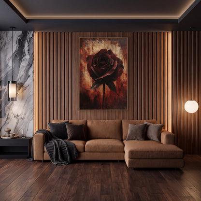 Ember Rose Weathered Wood Gothic wall art in an elegant modern room – single dark burgundy rose with two leaves