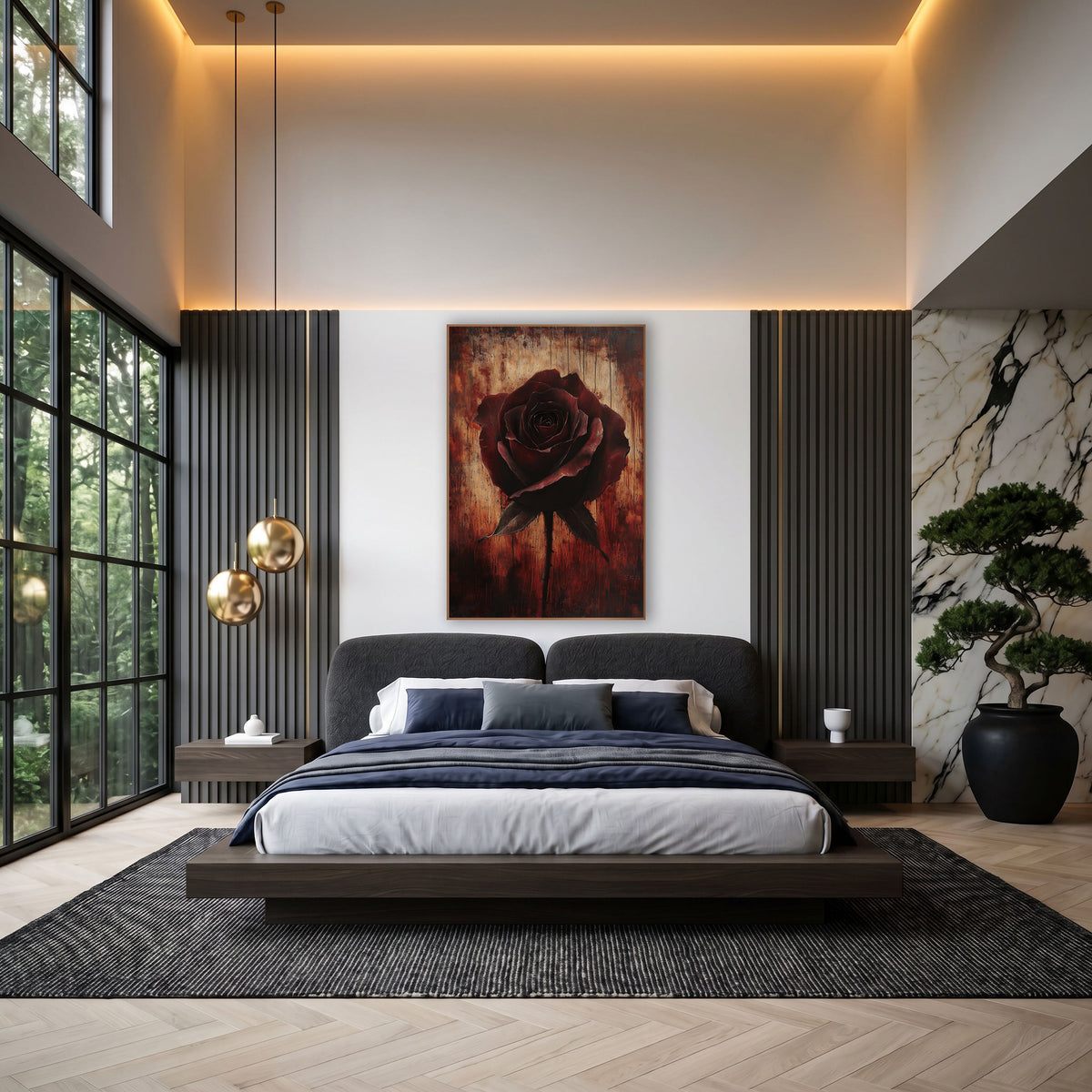 Ember Rose Weathered Wood Gothic wall art in an elegant modern room – single dark burgundy rose with two leaves