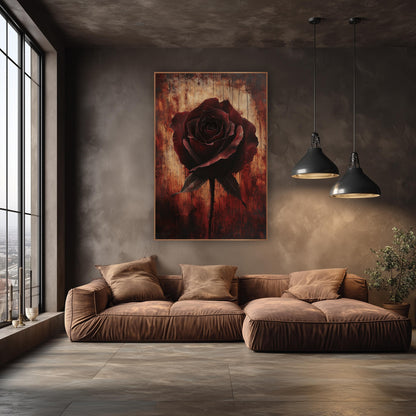 Ember Rose Weathered Wood Gothic wall art in an elegant modern room – single dark burgundy rose with two leaves