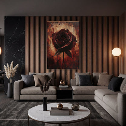 Ember Rose Weathered Wood Gothic wall art in an elegant modern room – single dark burgundy rose with two leaves