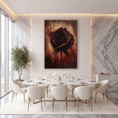 Ember Rose Weathered Wood Gothic wall art in an elegant modern room – single dark burgundy rose with two leaves