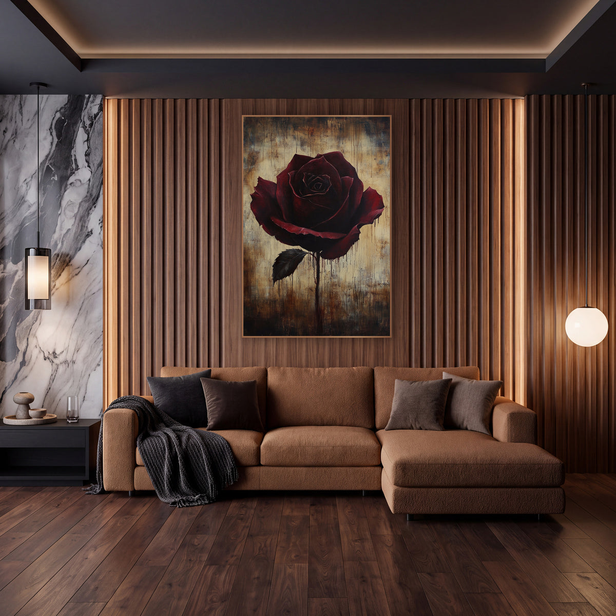 Dripping Rose Parchment Moody Floral wall art in an elegant modern room – single dark burgundy rose with one black