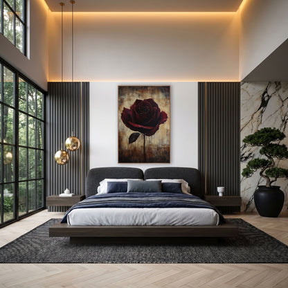 Dripping Rose Parchment Moody Floral wall art in an elegant modern room – single dark burgundy rose with one black