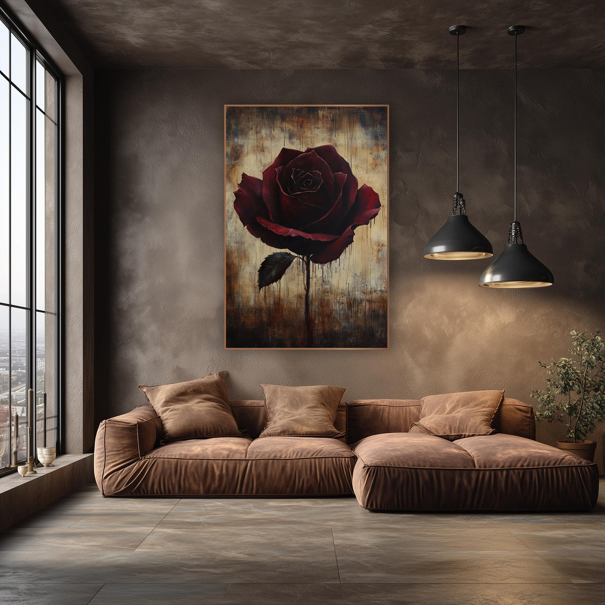 Dripping Rose Parchment Moody Floral wall art in an elegant modern room – single dark burgundy rose with one black