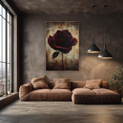 Dripping Rose Parchment Moody Floral wall art in an elegant modern room – single dark burgundy rose with one black
