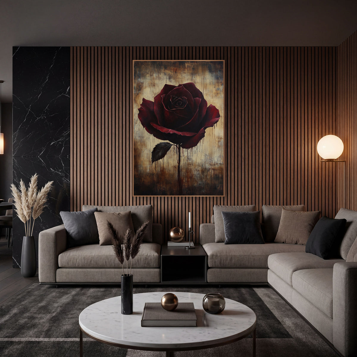 Dripping Rose Parchment Moody Floral wall art in an elegant modern room – single dark burgundy rose with one black