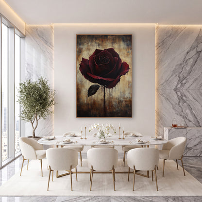 Dripping Rose Parchment Moody Floral wall art in an elegant modern room – single dark burgundy rose with one black