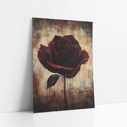 Dripping Rose Parchment Moody Floral art print leaning against a white wall – single dark burgundy rose with one black leaf