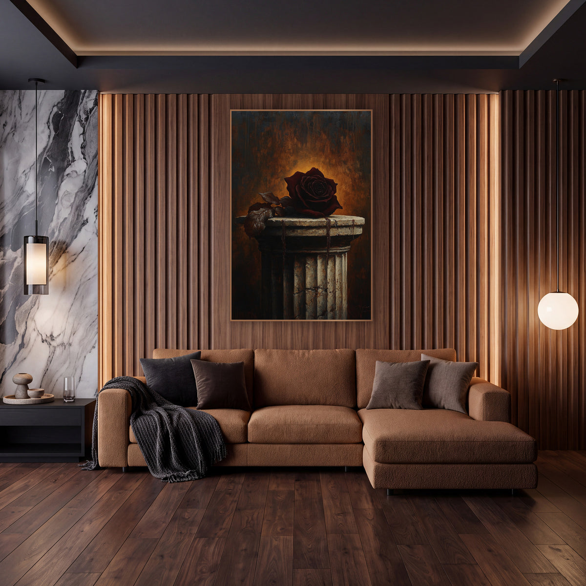 Dark Rose Cracked Column Moody wall art in an elegant modern room – dark burgundy rose with brown leaves on a cracked