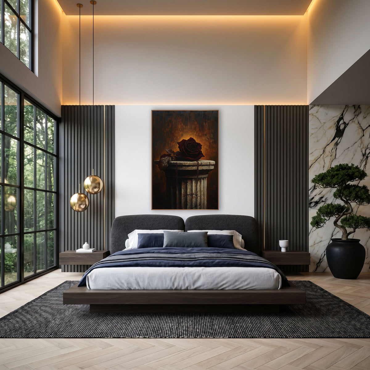 Dark Rose Cracked Column Moody wall art in an elegant modern room – dark burgundy rose with brown leaves on a cracked