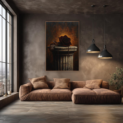 Dark Rose Cracked Column Moody wall art in an elegant modern room – dark burgundy rose with brown leaves on a cracked