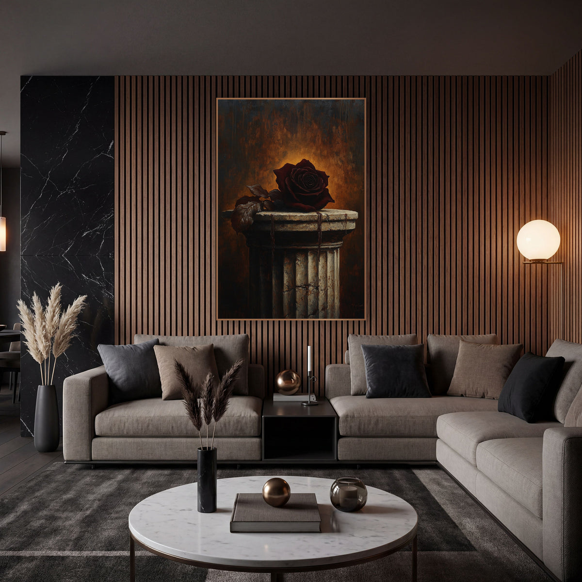 Dark Rose Cracked Column Moody wall art in an elegant modern room – dark burgundy rose with brown leaves on a cracked