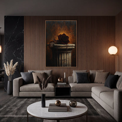 Dark Rose Cracked Column Moody wall art in an elegant modern room – dark burgundy rose with brown leaves on a cracked