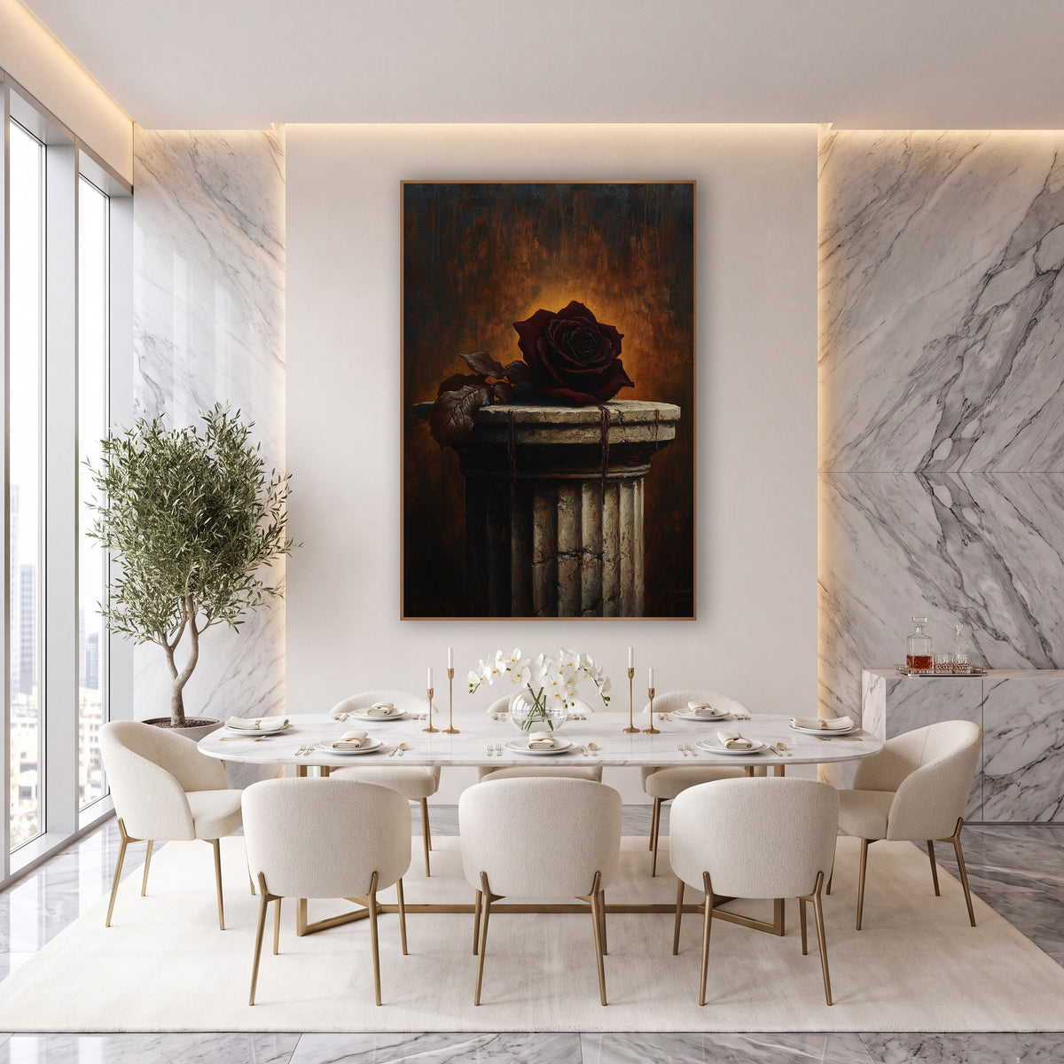 Dark Rose Cracked Column Moody wall art in an elegant modern room – dark burgundy rose with brown leaves on a cracked