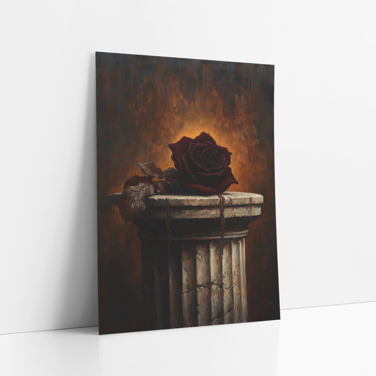 Dark Rose Cracked Column Moody art print leaning against a white wall – dark burgundy rose with brown leaves on a cracked