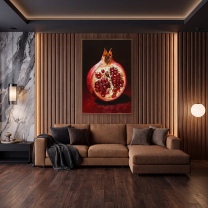 Ruby Pomegranate Half Still Life wall art in an elegant modern room – halved pomegranate with glossy red seeds