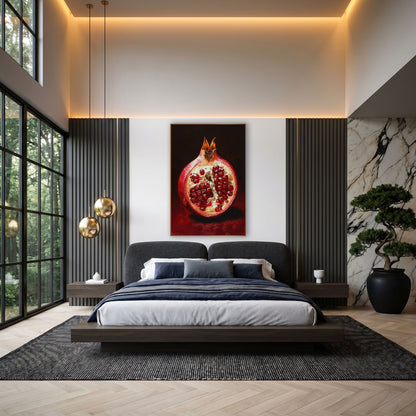 Ruby Pomegranate Half Still Life wall art in an elegant modern room – halved pomegranate with glossy red seeds