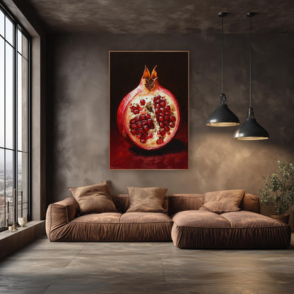 Ruby Pomegranate Half Still Life wall art in an elegant modern room – halved pomegranate with glossy red seeds