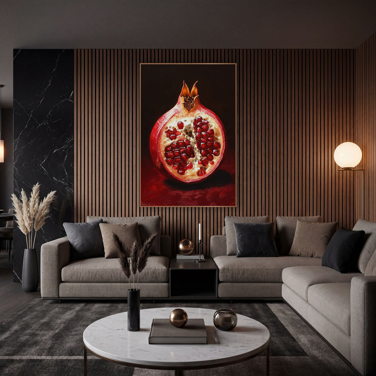 Ruby Pomegranate Half Still Life wall art in an elegant modern room – halved pomegranate with glossy red seeds