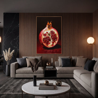 Ruby Pomegranate Half Still Life wall art in an elegant modern room – halved pomegranate with glossy red seeds