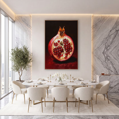 Ruby Pomegranate Half Still Life wall art in an elegant modern room – halved pomegranate with glossy red seeds