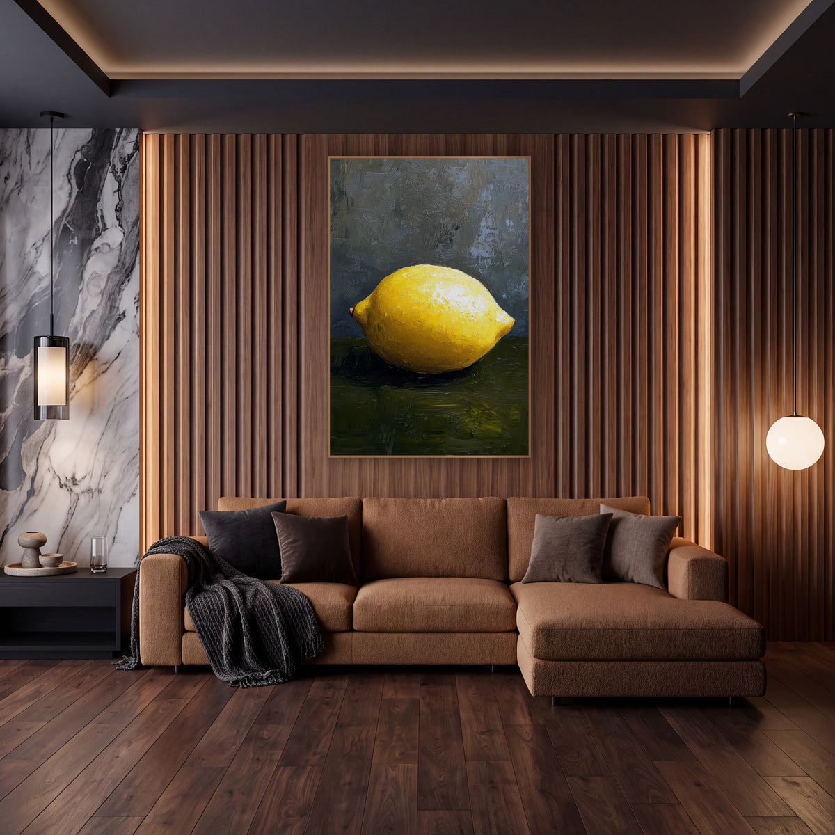 Bright Single Lemon Still Life wall art in an elegant modern room – single bright yellow lemon on a dark olive surface