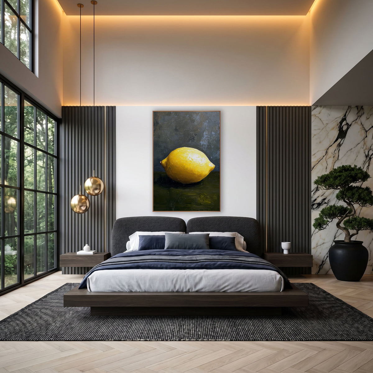 Bright Single Lemon Still Life wall art in an elegant modern room – single bright yellow lemon on a dark olive surface