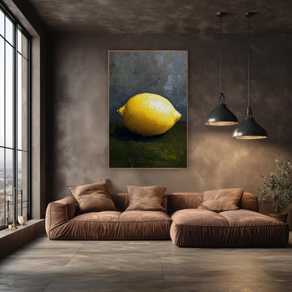 Bright Single Lemon Still Life wall art in an elegant modern room – single bright yellow lemon on a dark olive surface
