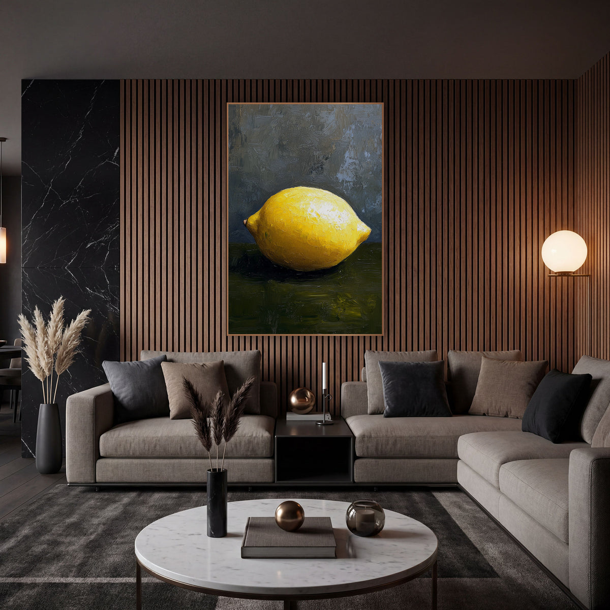 Bright Single Lemon Still Life wall art in an elegant modern room – single bright yellow lemon on a dark olive surface