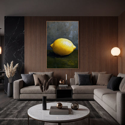 Bright Single Lemon Still Life wall art in an elegant modern room – single bright yellow lemon on a dark olive surface