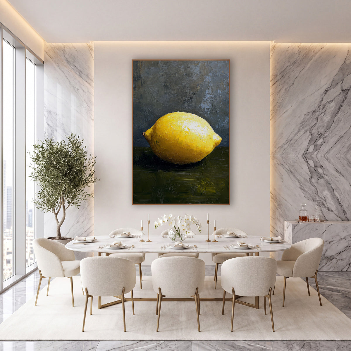 Bright Single Lemon Still Life wall art in an elegant modern room – single bright yellow lemon on a dark olive surface