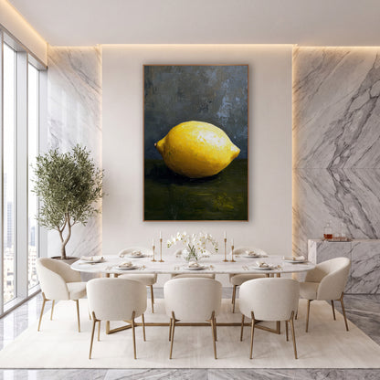Bright Single Lemon Still Life wall art in an elegant modern room – single bright yellow lemon on a dark olive surface
