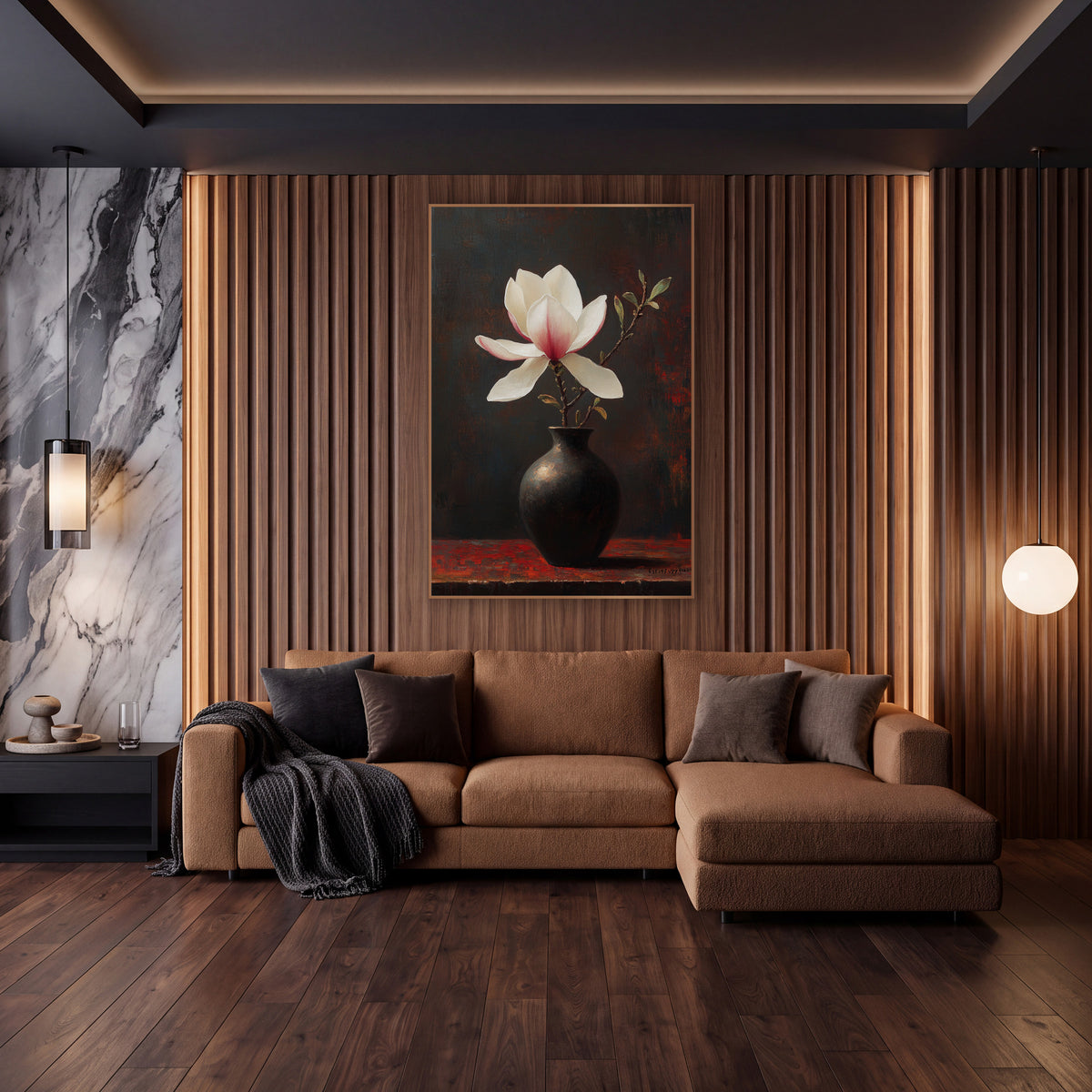 White Magnolia Dark Vase Moody wall art in an elegant modern room – white magnolia with pink-blushed petals on a leafy