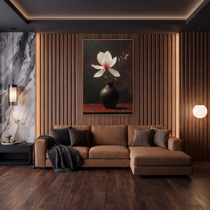White Magnolia Dark Vase Moody wall art in an elegant modern room – white magnolia with pink-blushed petals on a leafy