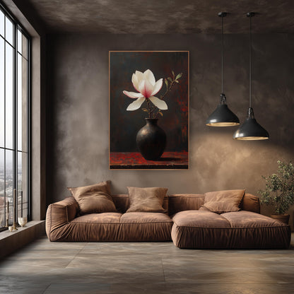 White Magnolia Dark Vase Moody wall art in an elegant modern room – white magnolia with pink-blushed petals on a leafy