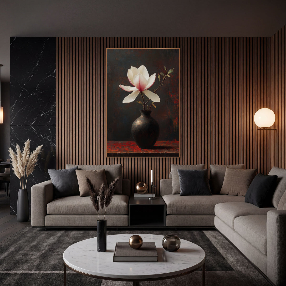 White Magnolia Dark Vase Moody wall art in an elegant modern room – white magnolia with pink-blushed petals on a leafy