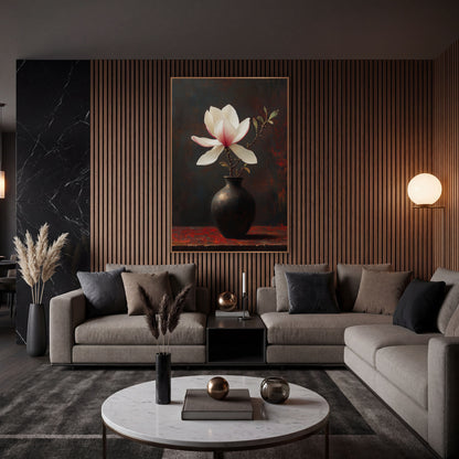 White Magnolia Dark Vase Moody wall art in an elegant modern room – white magnolia with pink-blushed petals on a leafy