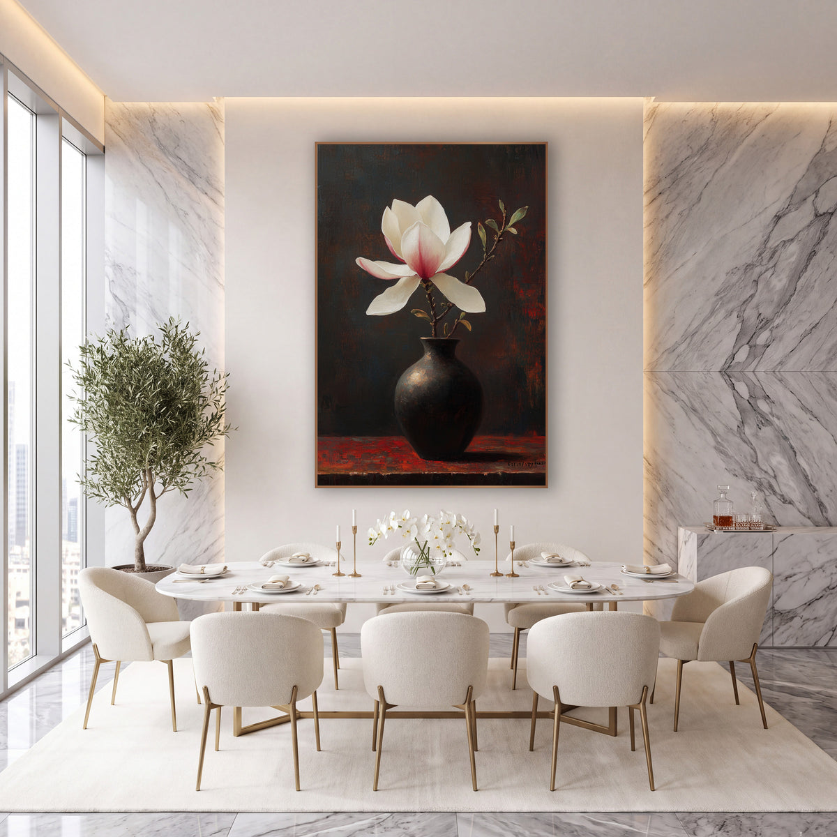 White Magnolia Dark Vase Moody wall art in an elegant modern room – white magnolia with pink-blushed petals on a leafy
