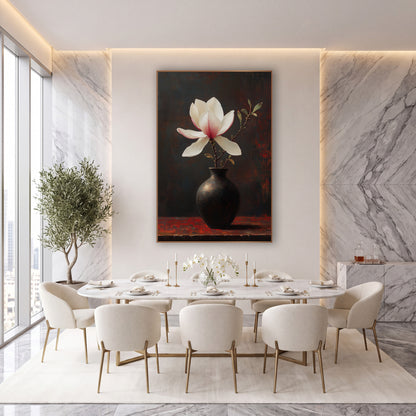 White Magnolia Dark Vase Moody wall art in an elegant modern room – white magnolia with pink-blushed petals on a leafy