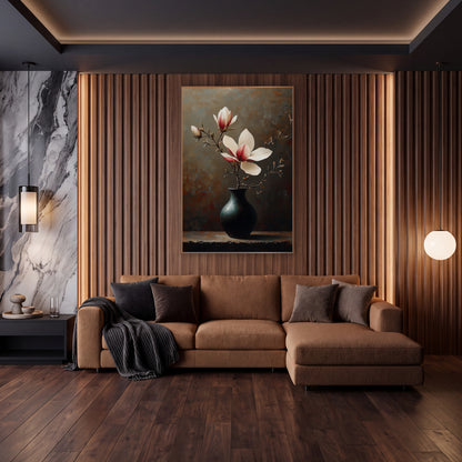 Budding Magnolia Rust Backdrop Still Life wall art in an elegant modern room – magnolia branch with cream and crimson