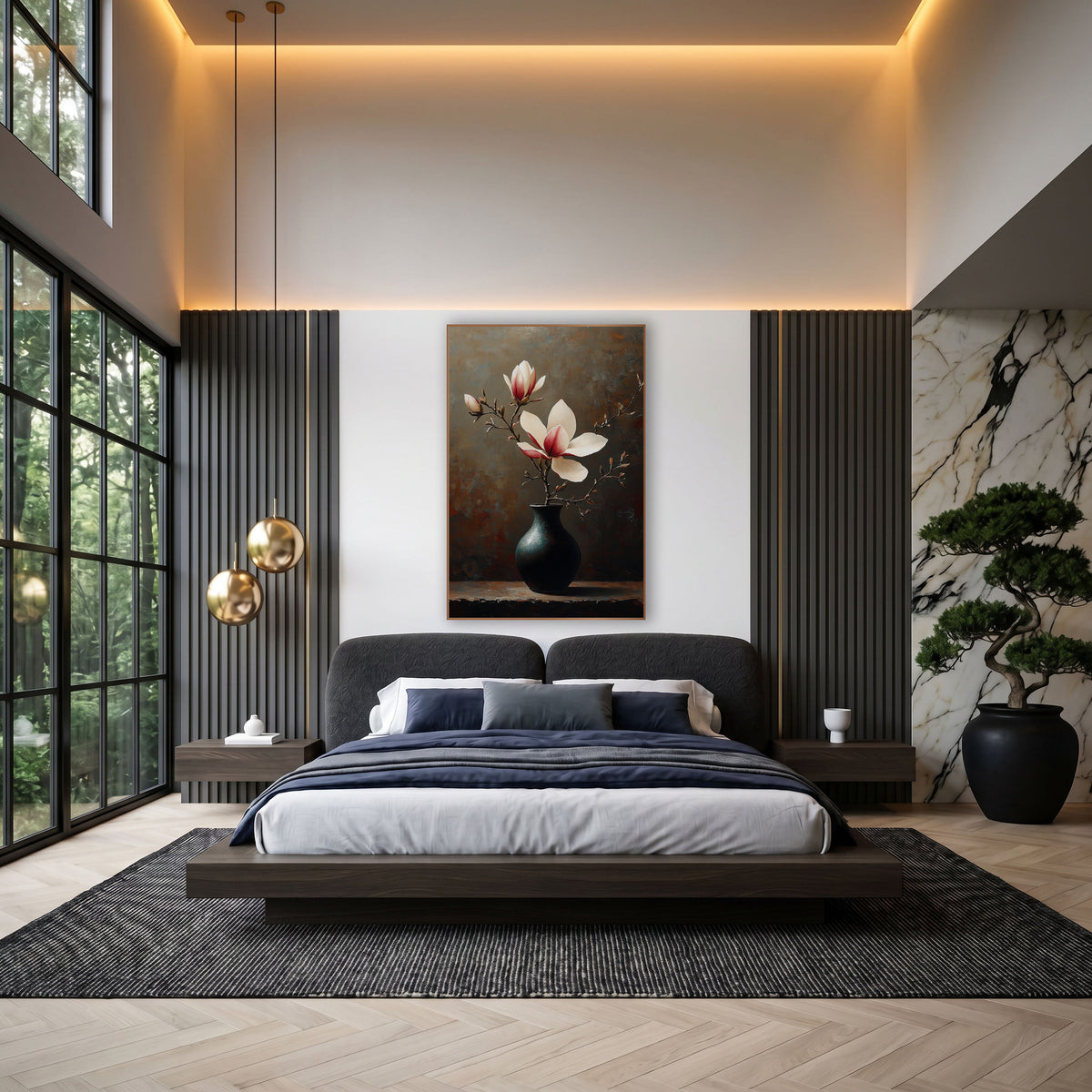 Budding Magnolia Rust Backdrop Still Life wall art in an elegant modern room – magnolia branch with cream and crimson