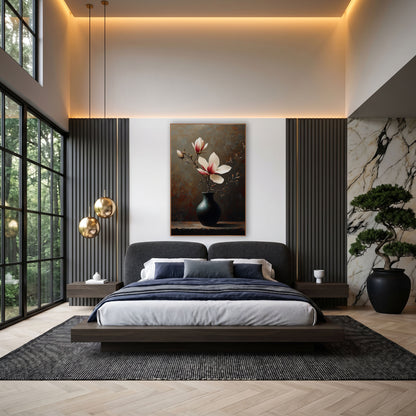 Budding Magnolia Rust Backdrop Still Life wall art in an elegant modern room – magnolia branch with cream and crimson