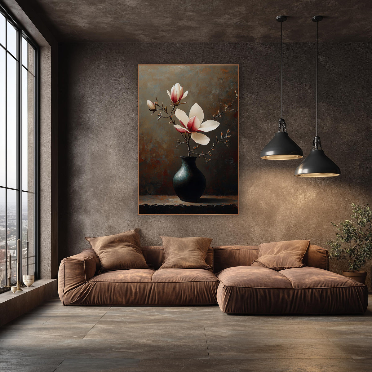 Budding Magnolia Rust Backdrop Still Life wall art in an elegant modern room – magnolia branch with cream and crimson