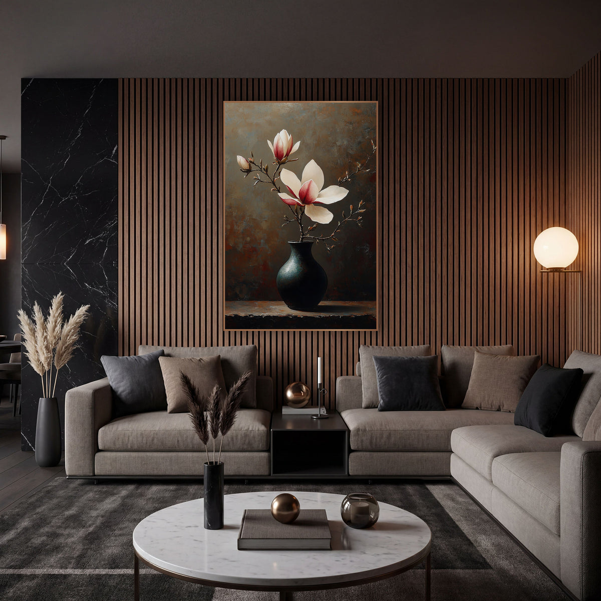 Budding Magnolia Rust Backdrop Still Life wall art in an elegant modern room – magnolia branch with cream and crimson