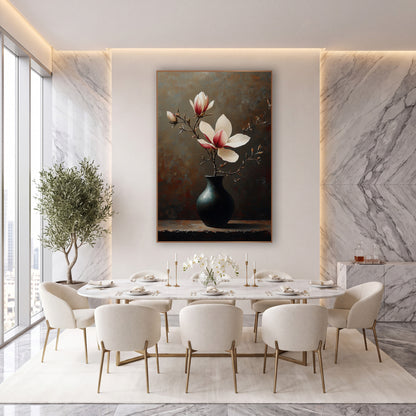 Budding Magnolia Rust Backdrop Still Life wall art in an elegant modern room – magnolia branch with cream and crimson