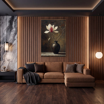 Solitary Magnolia Bronze Vase Still Life wall art in an elegant modern room – cream and crimson magnolia blossom